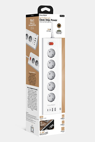 Vetech Akım Korumalı Priz Masaüstü 5xPriz, 2x USB, 2x Type-C Girişli Led aydınlatmalı Masa Prizi