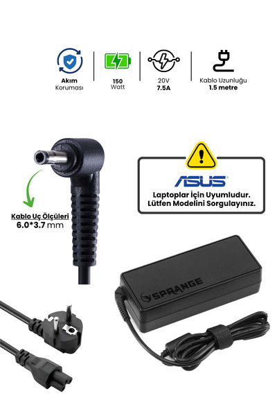 SPRANGE ASUS Laptop Notebook Adaptörü Şarj Aleti 20V 7.5A 150W 6.0*3.7mm Slim...