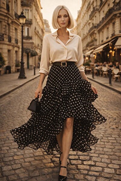 ibeeka Fustă lungă cu buline, stil parizian, cu tiv și detaliu cu șliț