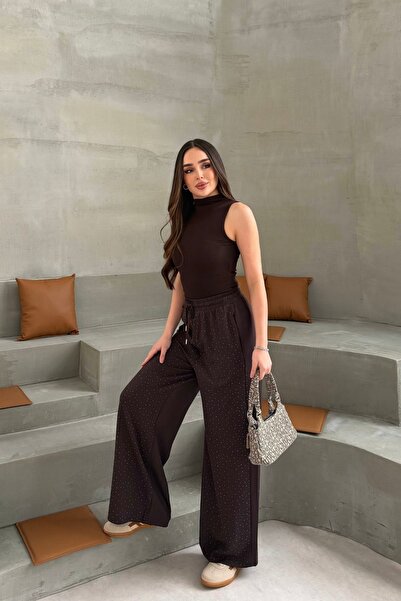 mezqa Γυναικείο υφασμάτινο παντελόνι φόρμας με φαρδιά μπατζάκια και στρας