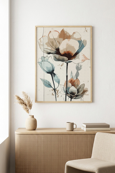 huhuli Tablou cu model floral înrămat în lemn natural - Tonuri pastelate |   ...