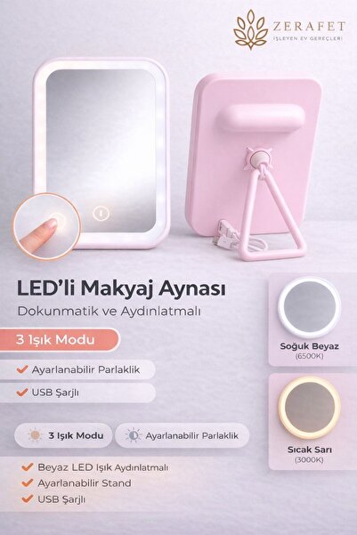ZERAFET Dokunmatik Led Işıklı Usb Li Dikdörtgen Ayarlanabilir Masa Üstü Makya...