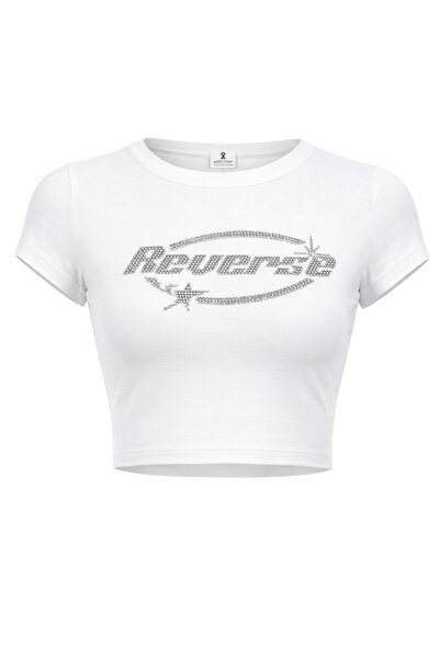 Bozz&Bozz Collection Women's White Crop T-Shirt with Reverse Print and Shiny ...