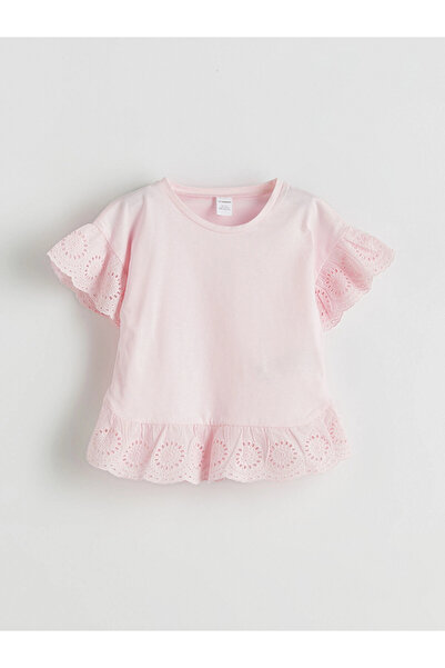 LC Waikiki Lcw Kids Pink Crew Neck Guipure Combed Cotton Girls' Blouse