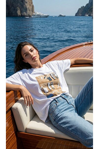 Amia&Co. White Oversize Crew Neck Bag Shoe Printed Accessory Detailed Women's...