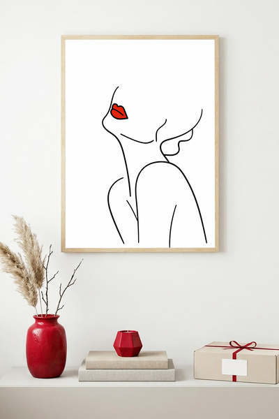 huhuli Pictură portret minimalistă a unei femei, înrămată în lemn natural - A...