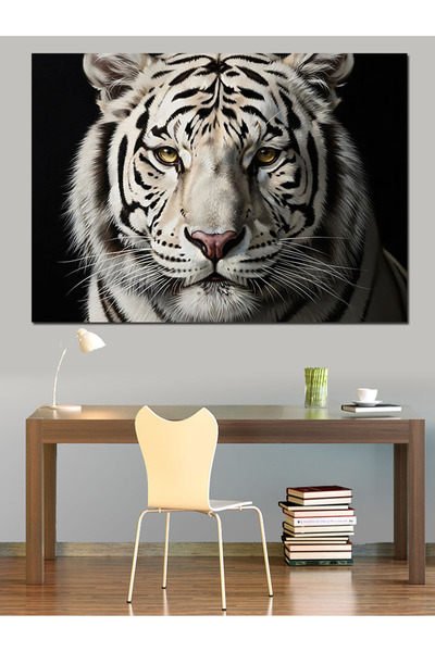 Artmeg Pânză decorativă cu portret cu cap de tigru alb-negru - Tablou din lem...