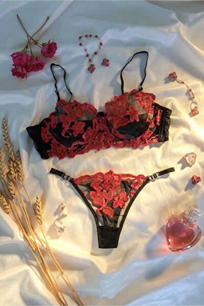 Tarzınbu Women's Black Tulle Detailed Red Lingerie Set