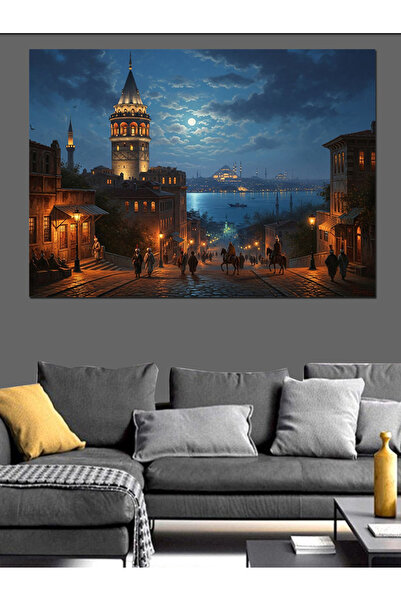 Artmeg Gece Galata Kulesi Ve Deniz Dekoratif Kanvas - Mdf Ahşap Tablo
