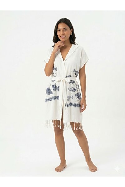 REİNA TEKS Hooded Pareo Belted Beachwear Peshtemal Black Fish Patterned Beach...