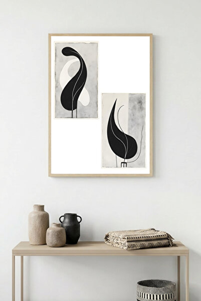 huhuli Tablou minimalist cu model alb-negru, cu ramă din lemn natural - Moder...