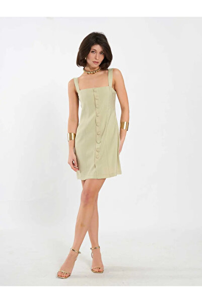 BIGNUANCE Light Green Square Neck Button Detail Strap Mini Dress Casual Comfo...