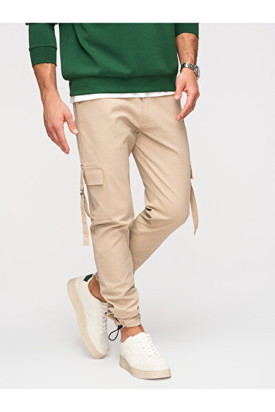 OMBRE Bărbați Pantaloni Cargo P1516 — Croială Dreaptă, Buzunare Laterale Nisipiu