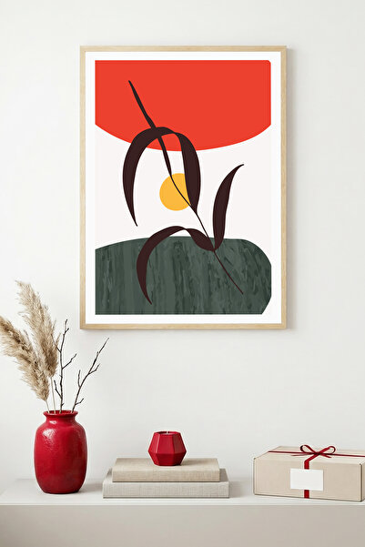 huhuli Tablou cu model de frunze abstracte, încadrat în lemn natural - Tonuri...