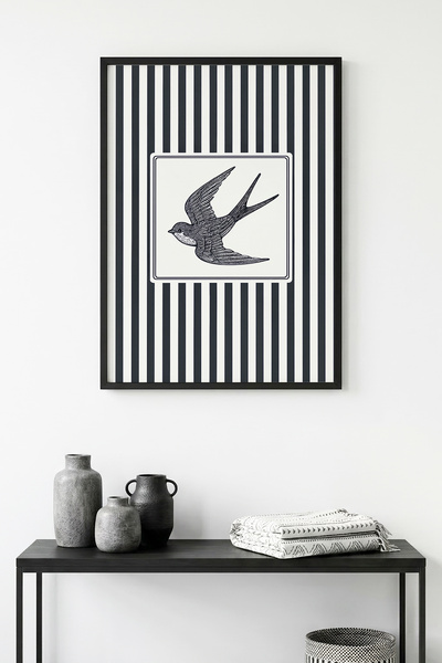 huhuli Πίνακας με ριγέ σχέδιο πουλιών με φυσικό ξύλινο πλαίσιο - Μοντέρνος | ...