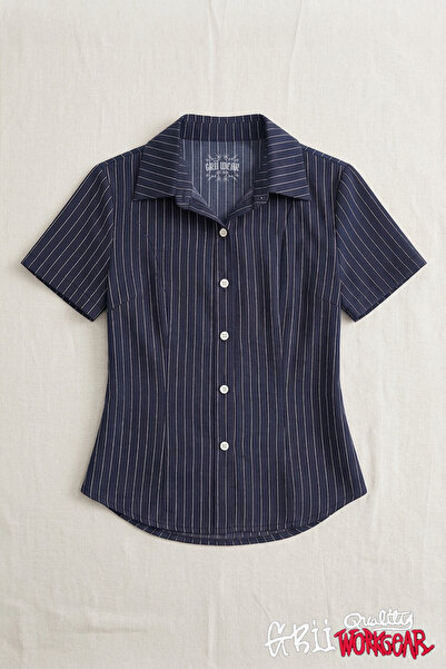 GRİİ WEAR Retro Style Striped Slim Fit Women's Shirt Vintage Look Striped Sty...