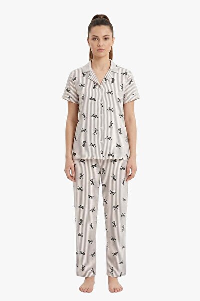 Cottonhill Gray Stripe Patterned Soft Textured Shirt Collar Women's Pajama Set