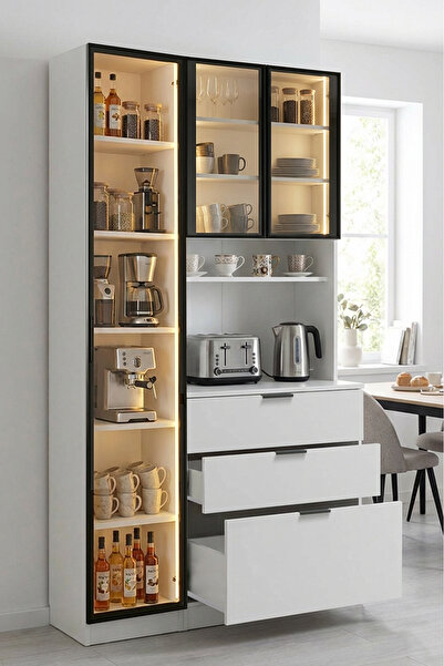 benim odam Diva Çok Amaçlı Dolap Ledli 1 Kapılı 3 Çekmeceli Kahve Köşesi Mutf...