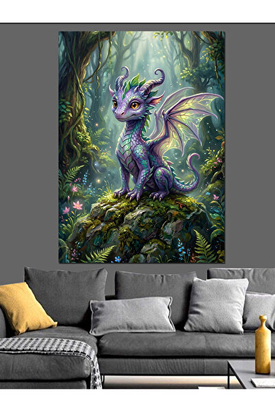 Artmeg Pânză decorativă cu dragon mov mic pe stânci - Tablou din lemn MDF