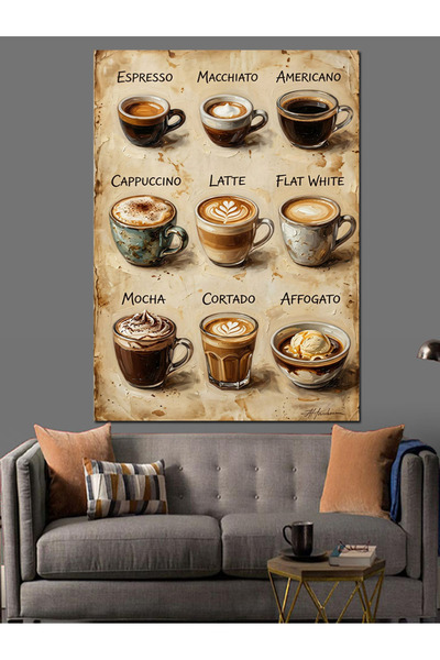 Artmeg Diferite tipuri de cafea Design meniu Pânză decorativă - Masă din lemn...
