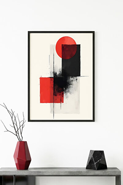 huhuli Tablou cu model geometric abstract, cu ramă din lemn natural - Roșu-Ne...