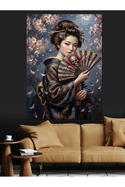 Artmeg Femeie Japoneză cu evantai și kimono - Tablou decorativ din pânză - Le...