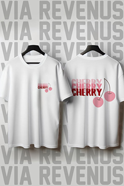 Vordevia Μπλουζάκι Unisex με στάμπα κεράσια, με λαιμόκοψη ποδηλάτου, φαρδιά γ...