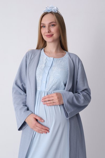 ERDENİZ TEKSTİL Maternity Pajamas, Nightgown and Jacquard Robe Set – Maternity Set, Cotton Textured, Buttoned for Breastfeeding