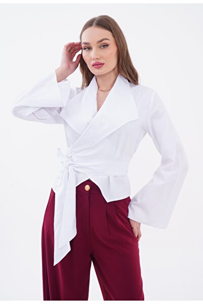 Vinales Women's Cotton Double-Breasted Collar Side-Tie Shirt White