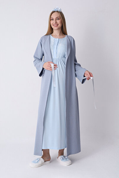 ERDENİZ TEKSTİL Hamile Pijama Gecelik ve Jakarlı Sabahlık Takımı – Lohusa Set...