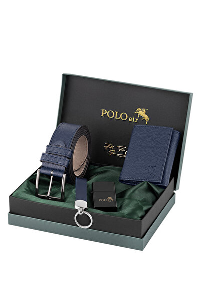 Polo Air Men's Magnetic Wallet Belt Lighter Keychain Combination Set Navy Blu...