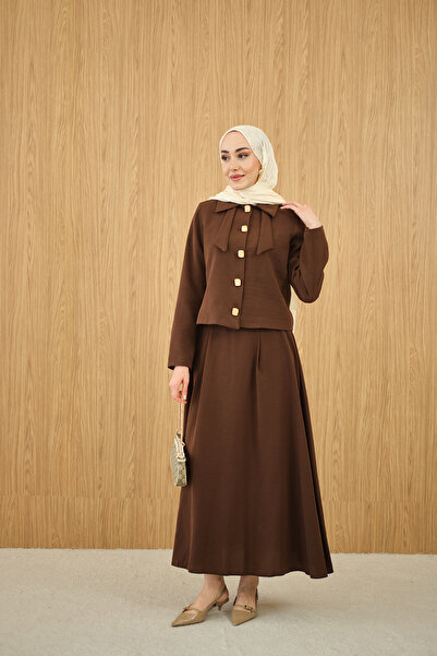 LOCCO Women's Bow-Tie Look Double Collar Suit in Brown