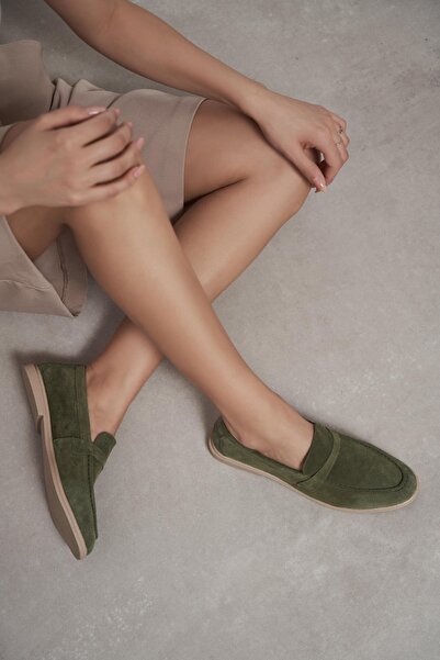 NİŞANTAŞI SHOES Balerini de damă Bery Khaki din piele intoarsă autentică cu t...