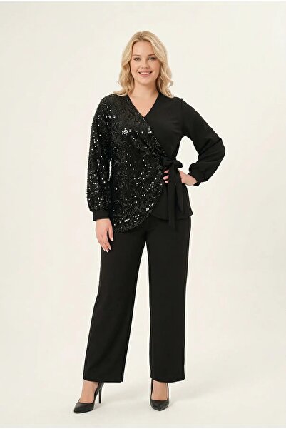 hazelin Women's Black Plus Size Sequin Detailed Pants Blouse Evening Dress Se...