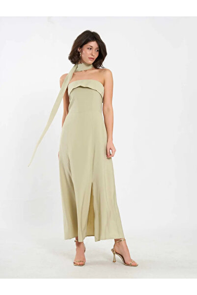 BIGNUANCE Light Green Strapless Buttoned Slit Detailed Long Dress Casual Comf...