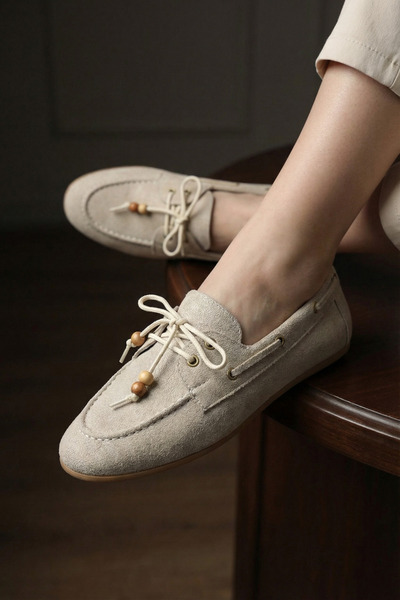 Zoe3 Style Women's Beige Suede Look Lace-Up Casual Flat Loafer Shoes
