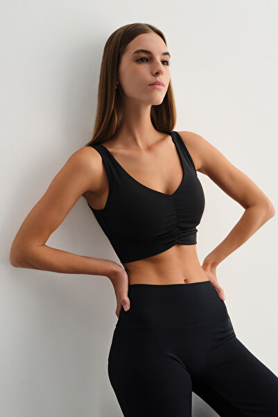 Dagi Black Front Gathered Detailed Sports Bra