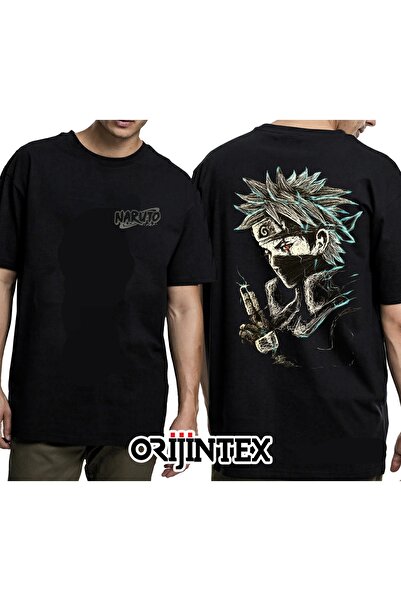 orijintex تي شيرت أسود للجنسين مطبوع عليه ناروتو كاكاشي لاين آرت من الأمام وا...