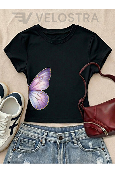 Velostra Women's Purple Butterfly Printed Basic Daily Use Crop T-Shirt
