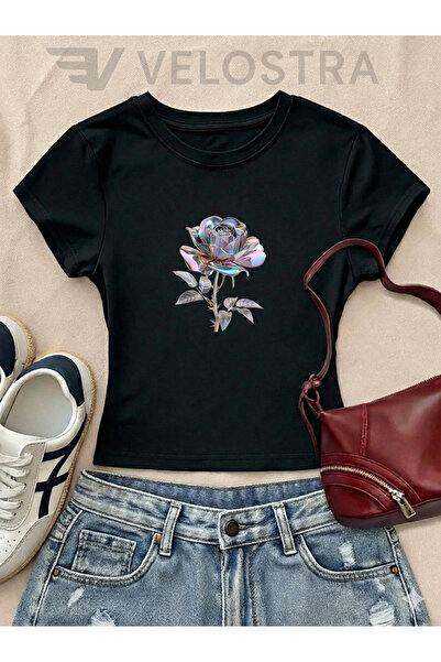 Velostra Women's Metallic Rose Printed Basic Daily Use Crop T-Shirt
