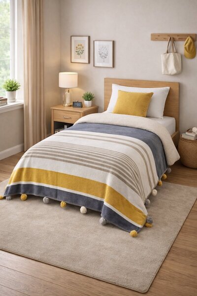 Livoras Home Merinos Colorway Tek - Çift Kişilik Ponponlu Battaniye