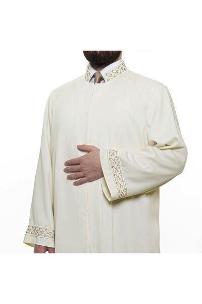 İkranur Salah İmam Cübbesi Krem - Kol ve Yaka Nakışlı Model