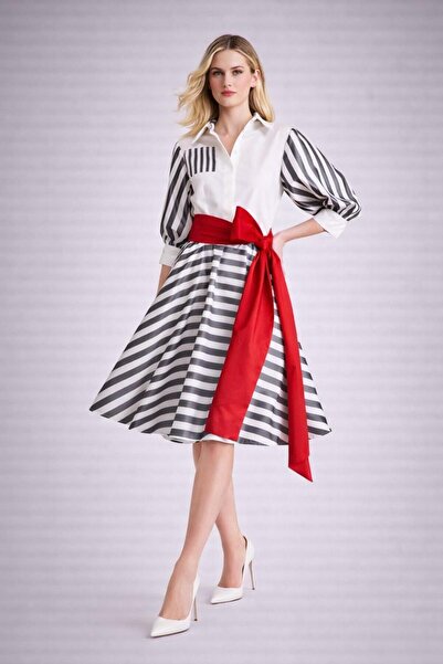 ALYEL NAKER Red Taffeta Belted Striped Taffeta Midi Shirt Dress