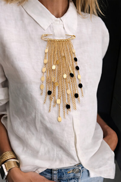 Modex Altın Sarısı Oval Pul Detay Çoklu Zincir Çengelli İğne Broş (5cm)