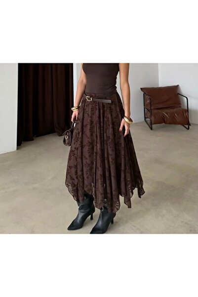 Butik Kadife desenli Asimetrik Tül Etek
