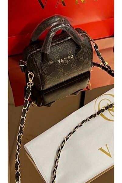 GKBUTİK Mini kahverengi speddy monogram desenli zincirli kadın çanta