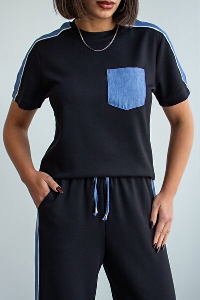 Ded COLLECTION Set modal pentru femei, cu mâneci scurte, aspect denim, cu det...