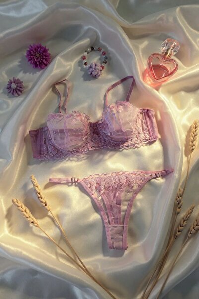 Tarzınbu Women's Powder Pink Embroidered Lace Lingerie Set