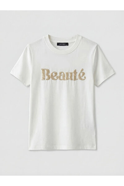 LC Waikiki Γυναικείο μπλουζάκι LCW Vision Ecru Crew Neck Κεντημένο