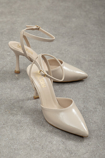 M Miss dark moda Thin Ankle-Strap Wrinkled Patent Leather Special Heel Stylis...